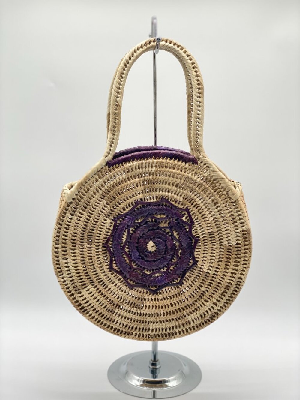 Handwoven Round Straw Tote Bag Purple Floral Boho Beach Market Basket - Picture 8 of 8